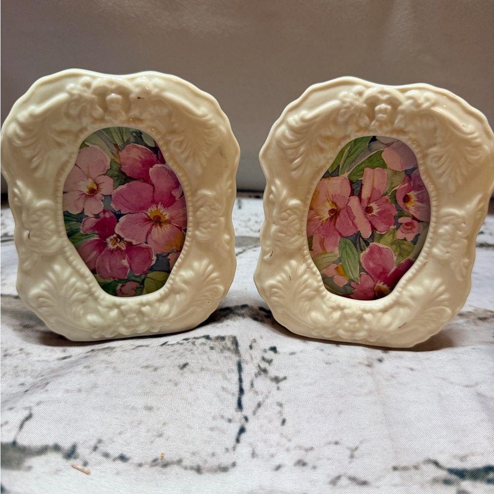 Vintage Ceramic Cream Floral Picture Frames Set Of Two
